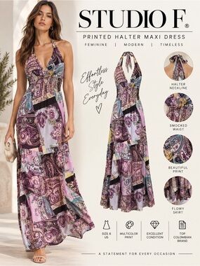 Studio F Multicolor Paisley Halter Maxi Dress Size 6 EUC